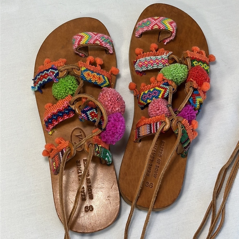 KA Greek Gladiator PomPom Leather Sandals, Colorful Strappy Boho Featival